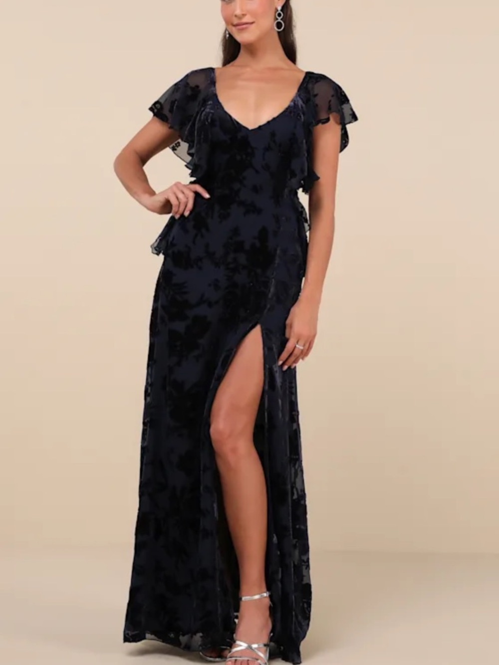 Lulu's Midnight Navy Velvet Floral Maxi Dress with Slit